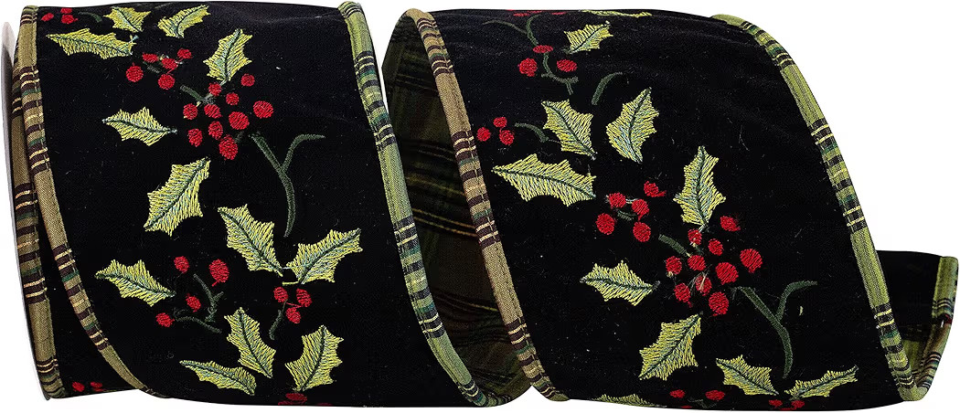 Ribbon - Holly Embroidered Velvet Luxe Plaid Back Wired Edge Ribbon, Black/green, 4 Inch, 5 Yards | Amazon (US)