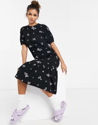 ASOS DESIGN embroidered midi puff sleeve dress in black | ASOS (Global)
