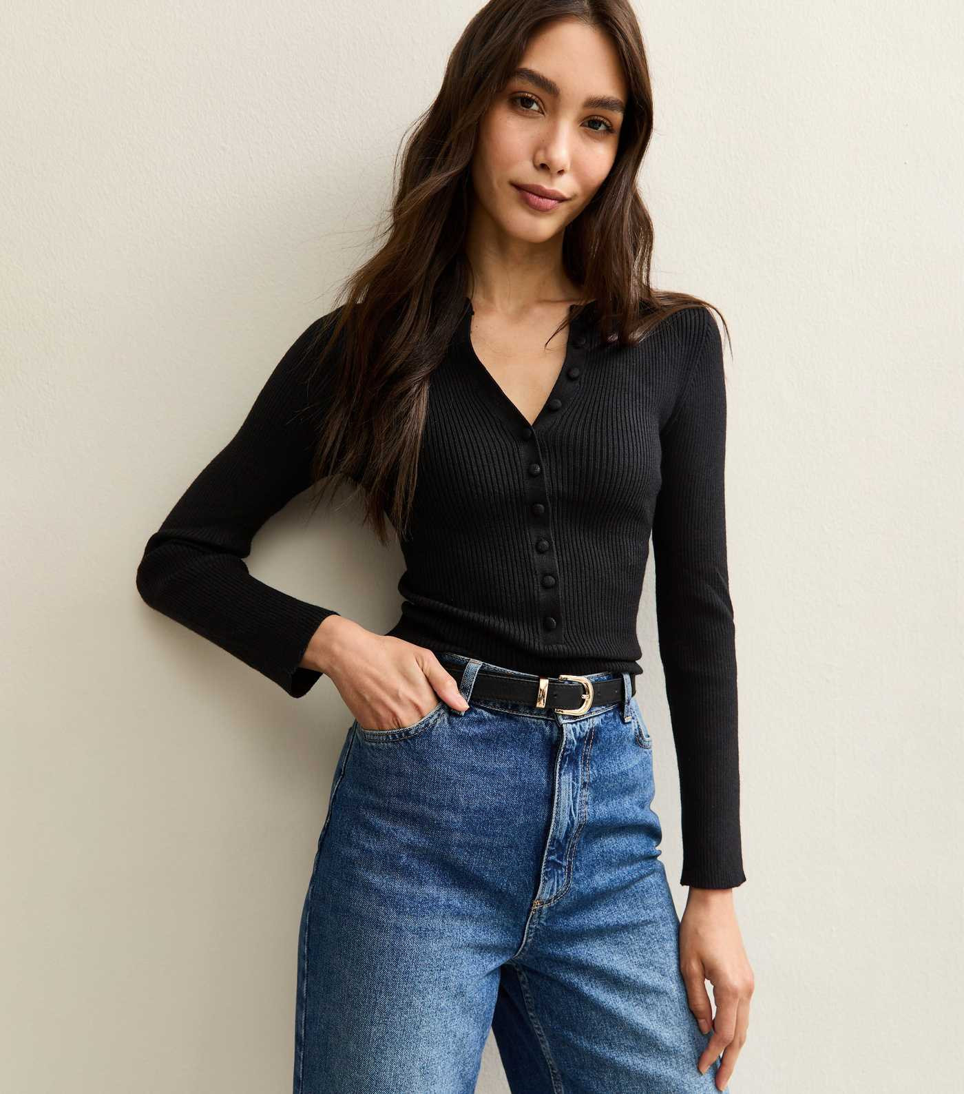 Black Ribbed Knit Long Sleeve Button Up Jumper | New Look | New Look (UK)