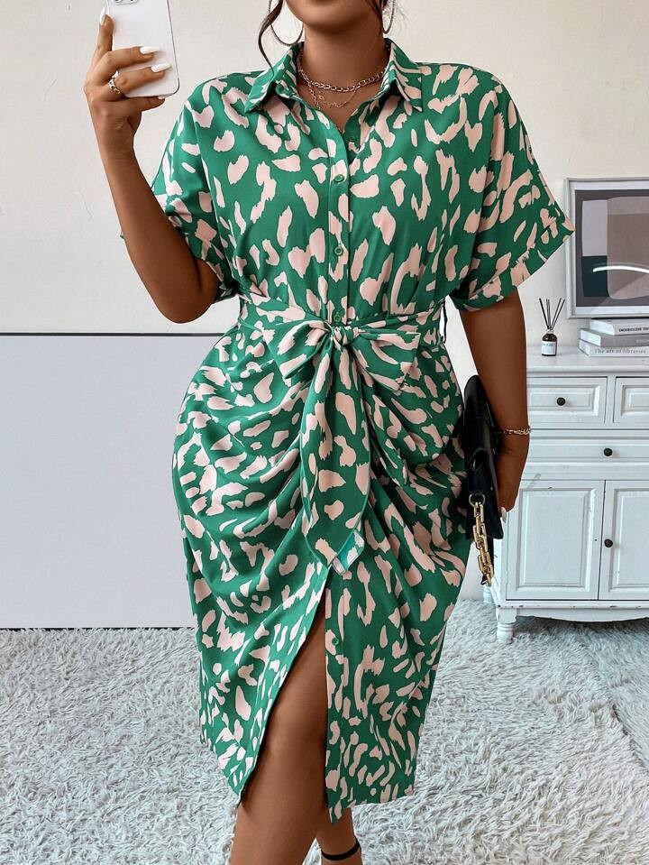 SHEIN Privé Plus Allover Print Batwing Sleeve Ruched Belted Shirt Dress | SHEIN