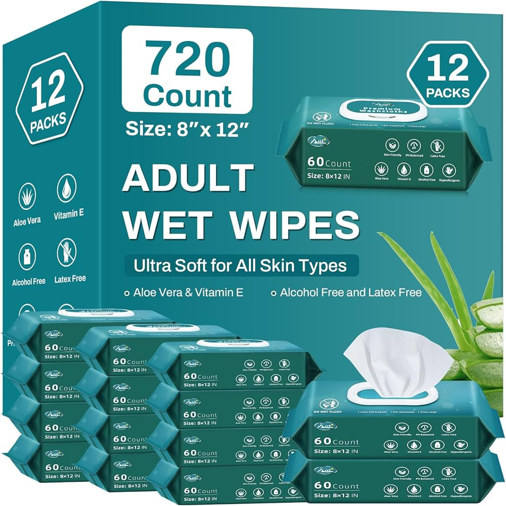 720 Count (12 Packs of 60) Wipes for Adults, 8" x 12" Extra Large for Incontinence & Cleansing, D... | Amazon (US)