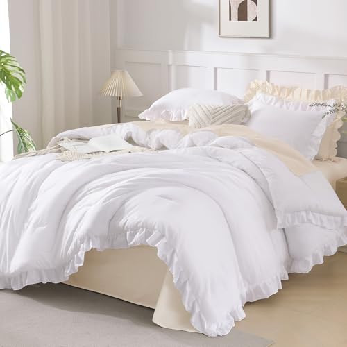 Andency White Ruffle Comforter Twin XL(68x92Inch), 2 Pieces(1 Ruffled Comforter and 1 Pillowcase) Solid Farmhouse Shabby Chic Bed, Vintage Rustic Soft Microfiber Bedding Set | Amazon (US)