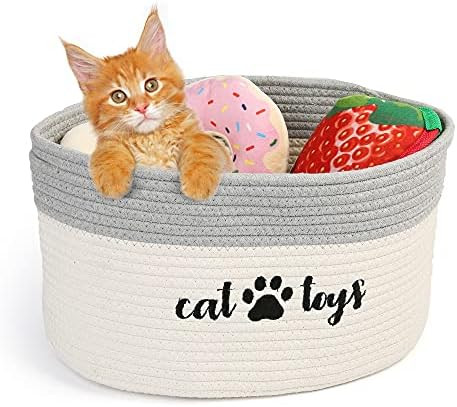 PrimePets Cat Toy Basket, Cotton Rope Storage Basket with Handles, Small Woven Pet Toy Box Bin fo... | Amazon (US)