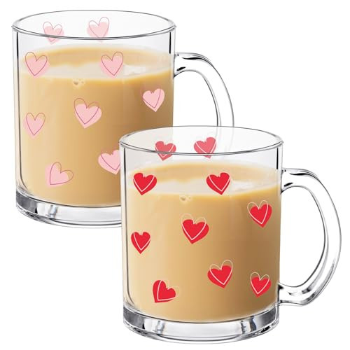 Reallnaive 2 Pcs Valentines Cup Heart Glass Mugs with Handle 12 oz Valentines Gift for Him/her Galentine's Day Gifts for Women Bestie Heart Iced Coffee Cups Cute Drink Conversation | Amazon (US)