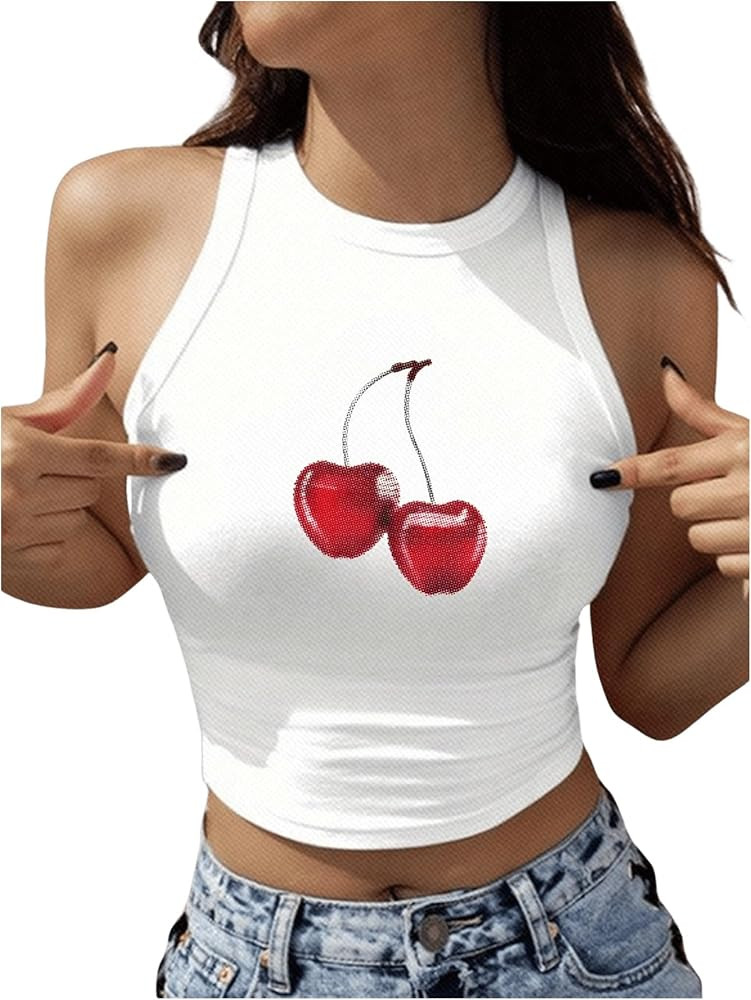 Women's Y2K Cherry Pattern Round Neck Vest Summer Sleeveless Casual Crop Top Tank Top | Amazon (US)