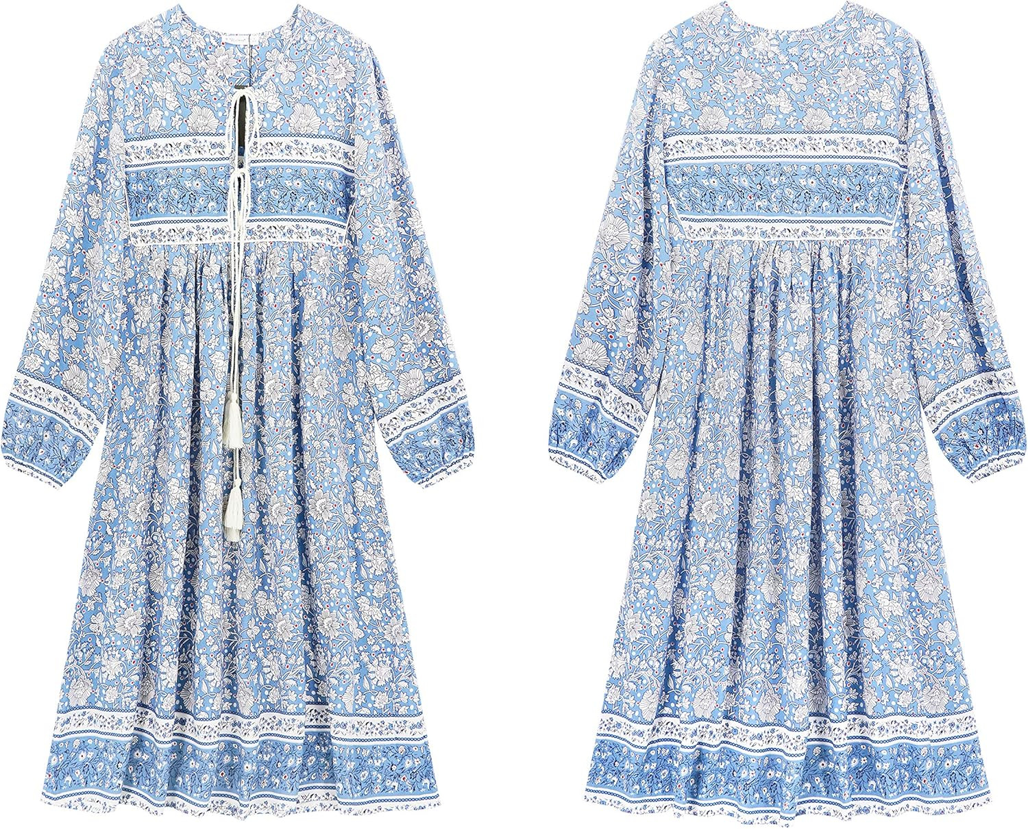 R.Vivimos Women's Long Sleeve Floral Print Retro V Neck Tassel Bohemian Midi Dresses | Amazon (US)