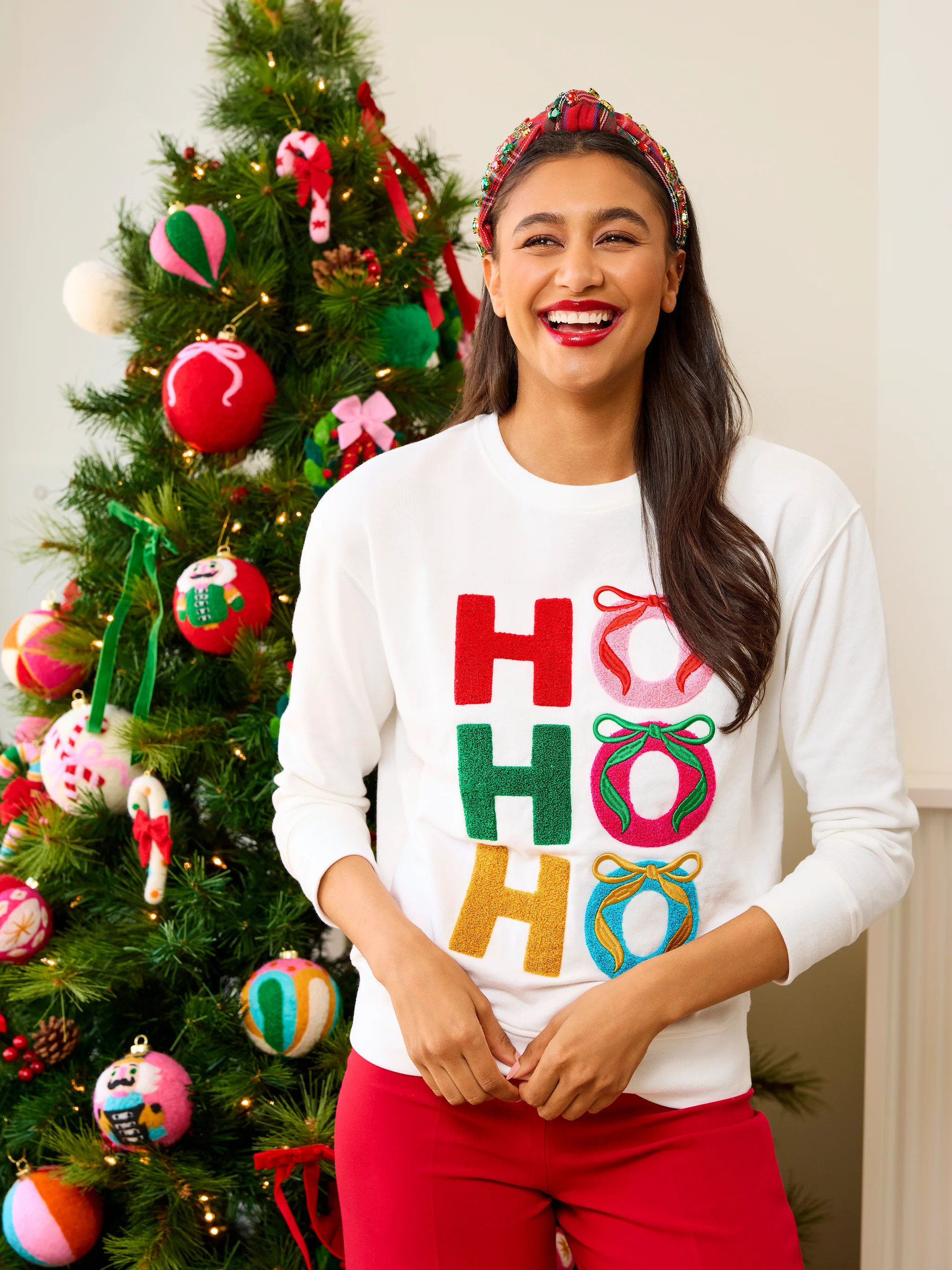 Shiraleah "Ho Ho Ho" Bows Classic Sweatshirt, Ivory | Shiraleah