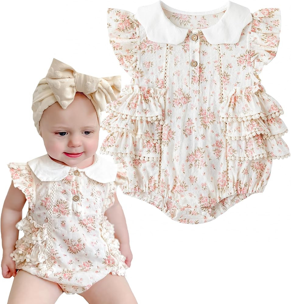 Simplee kids Baby Girls Romper Floral Print Summer Onesie Puff Sleeve Button Baby Girl Onesie | Amazon (US)