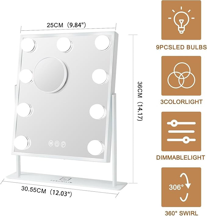 FENCHILIN Vanity Mirror with Lights Hollywood Lighted Makeup Mirror with 9 LED Bulbs, 3Colors Dim... | Amazon (US)