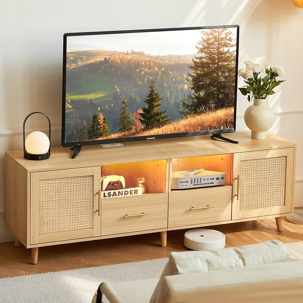 Boho TV Stand for 75 Inch TV, 63" Farmhouse Rattan TV Stand with Power Outlet, Mid Century Modern... | Amazon (US)