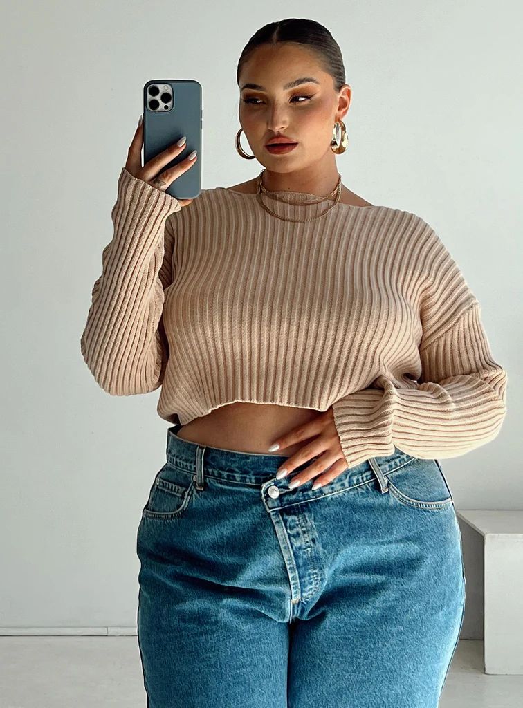 Alivia Cropped Sweater Beige Curve | Princess Polly US
