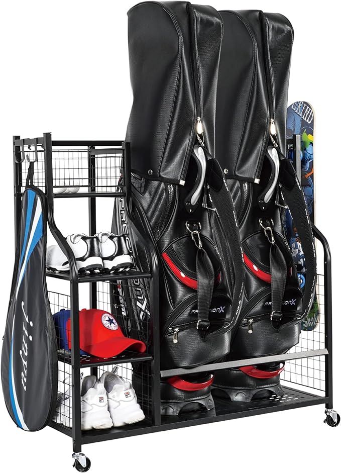 PLKOW Golf Bag Storage Garage Organizer Fits for 2 Golf Bags and Golf Accessories, Extra Large Si... | Amazon (US)