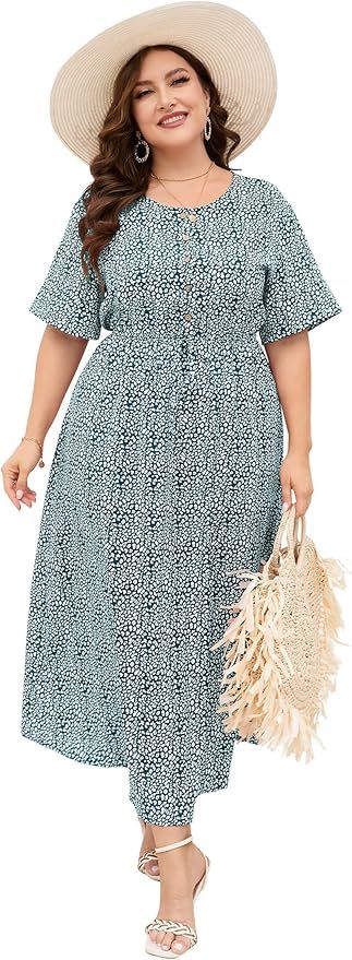 KOJOOIN Plus Size Floral Maxi Dress Women Elastic Waist Button Casual Beach Crew Neck Short Sleev... | Amazon (US)