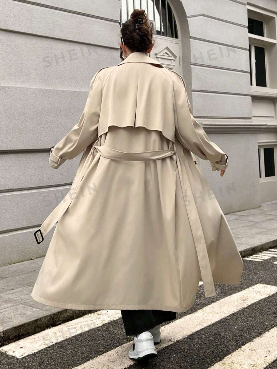 SHEIN EZwear Plus Size Khaki Long Trench Coat For Early Autumn | SHEIN