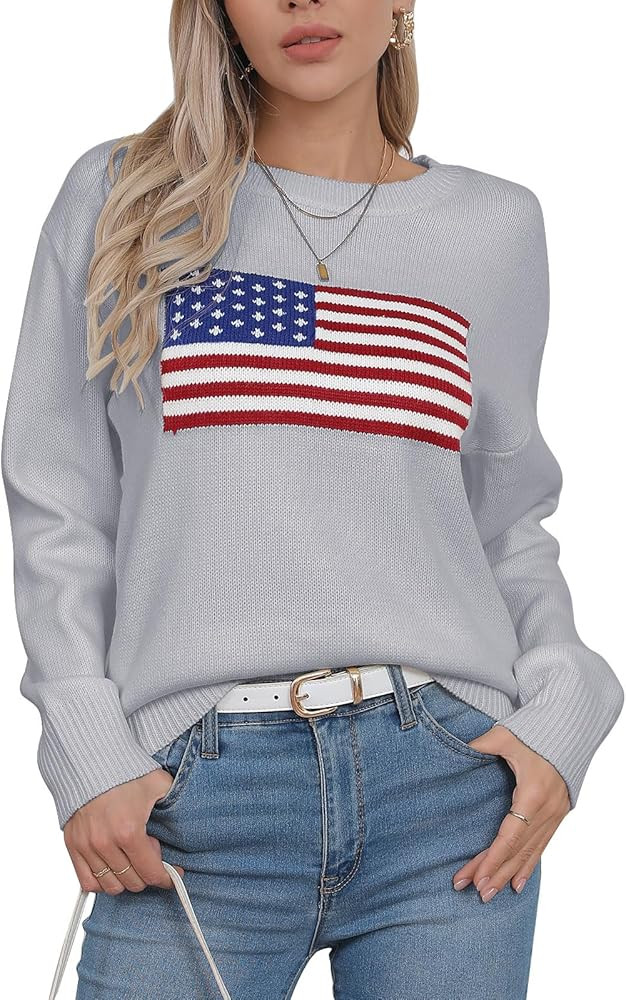 Womens American Flag Sweater Long Sleeve Crew Neck Knitted Casual Pullover Sweater | Amazon (US)