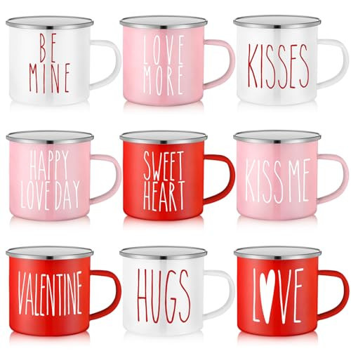 Mumufy 9 Pcs Valentine's Day Coffee Mugs 12 oz Valentine's Day Enamel Mug Romantic Coffee Mug Outdoor Camper Mug Kiss Love Sign Camping Tea Cup for Valentine's Day Party Campfire | Amazon (US)