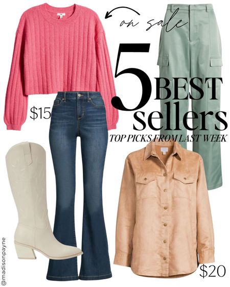 Last week's best sellers 🥰 best sellers include a pink sweater that is included in the NSale, it has a cropped style and fits tts (wearing a medium, fits tts). The cargo trousers are also part of the NSale, they come in sage green, brown, and black (wearing a small, fit tts). The wide-leg jeans are from Walmart and currently on sale for $15 (wearing a size 8, fit tts). The faux suede shacket from Walmart is on sale for $20, also comes in black. And the western boots from Madden NYC at Walmart come in several colors for under $40.

Best Sellers, Budget Fashion, Madison Payne

#LTKstyletip #LTKSeasonal #LTKunder50