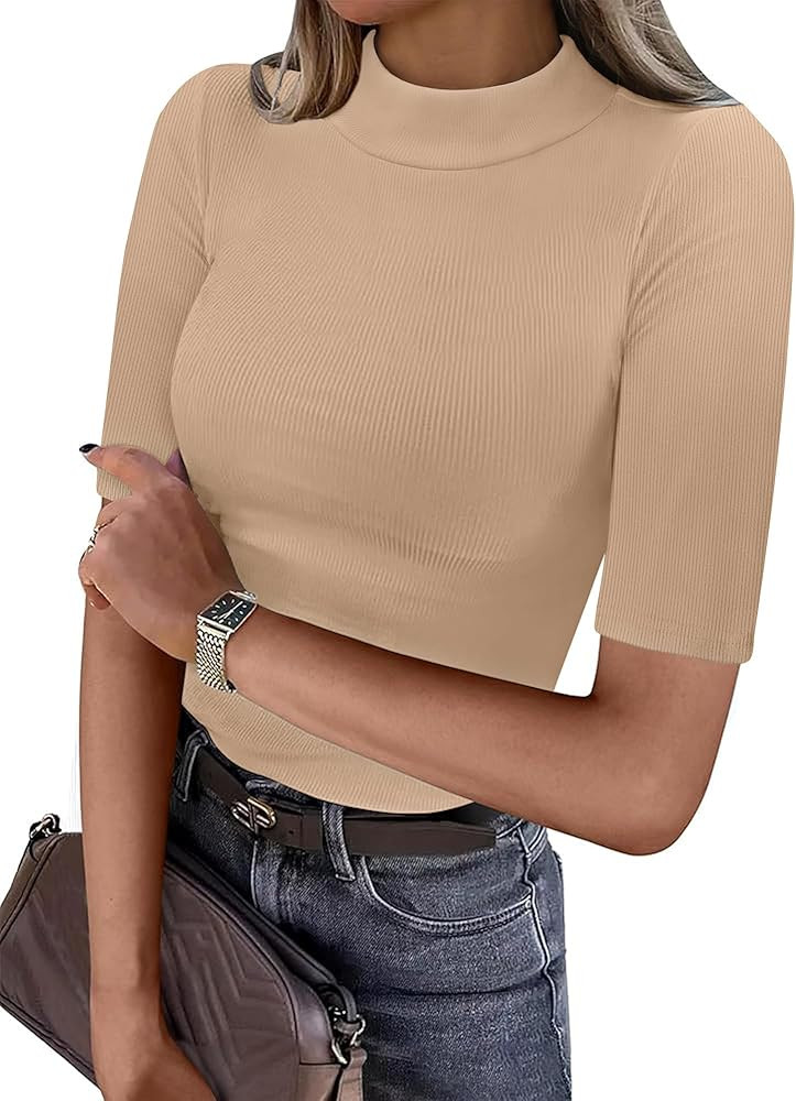 ANRABESS Womens Basic Ribbed Tee, Mock Neck Half Sleeve, Soft Comfort for Office & Casual Outings... | Amazon (US)