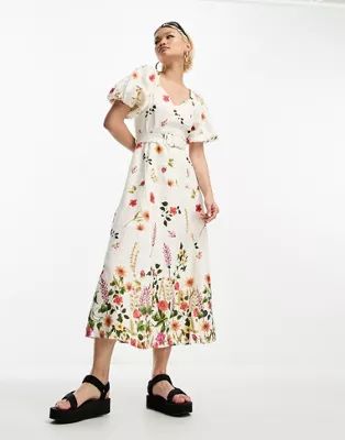 & Other Stories linen puff sleeve belted midaxi dress in floral print | ASOS (Global)