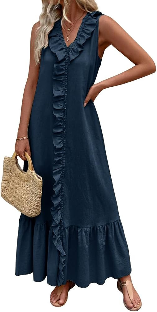 chouyatou Women's Summer Beach Cotton Tank Dress Linen Boho Sleeveless Tiered Ruffle Maxi Long Su... | Amazon (US)