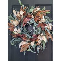 Fall Full Mixed Eucalyptus Fern Wreath With Shades Of Green & Fall Colors Including Orange Ferns, Beige Neutral Aspen, Rust Maple Leaves | Etsy (US)