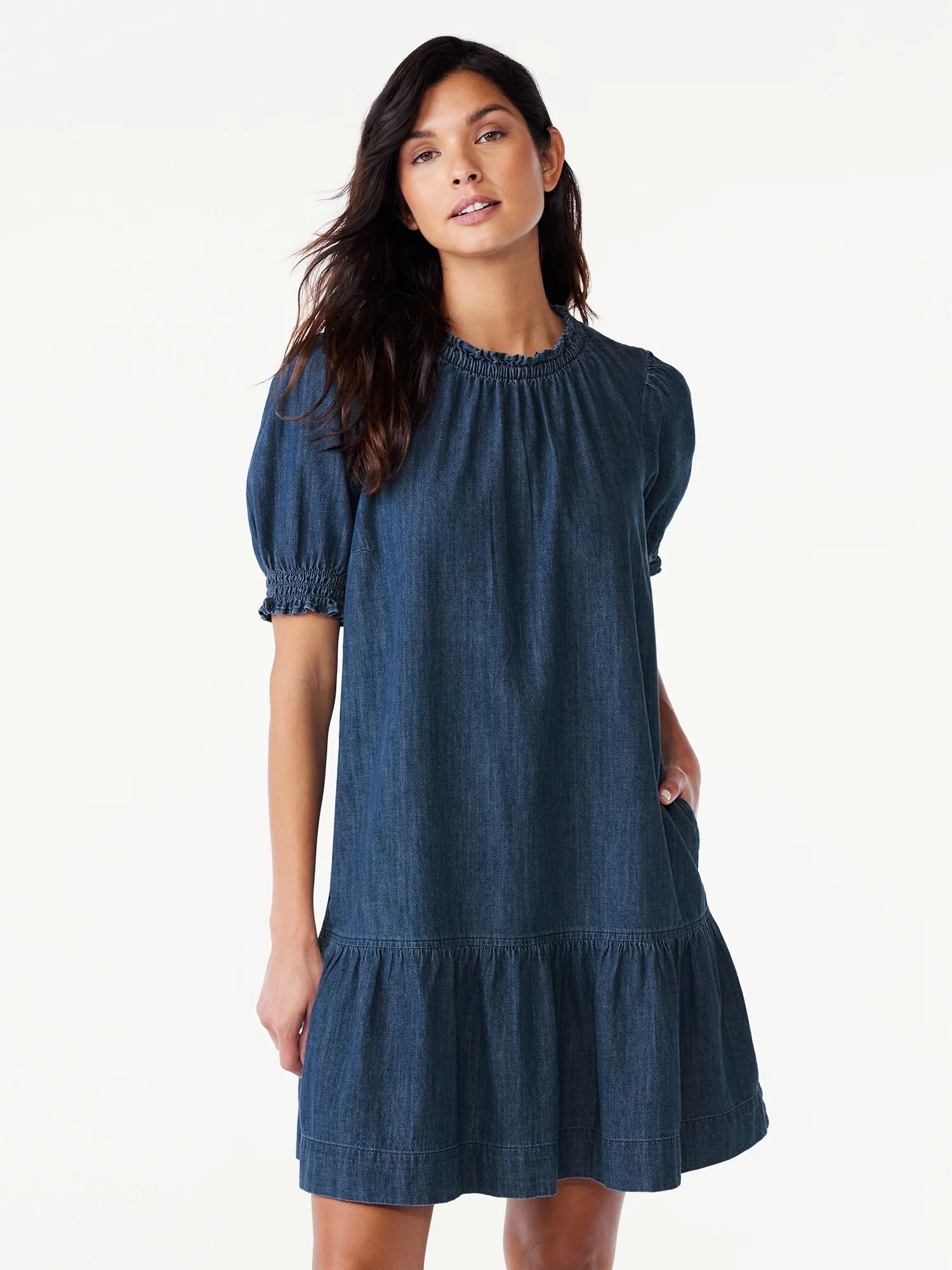 Free Assembly Women's Ruffle Neck Denim Mini Dress with Short Sleeves, Sizes XS-XXL | Walmart (US)