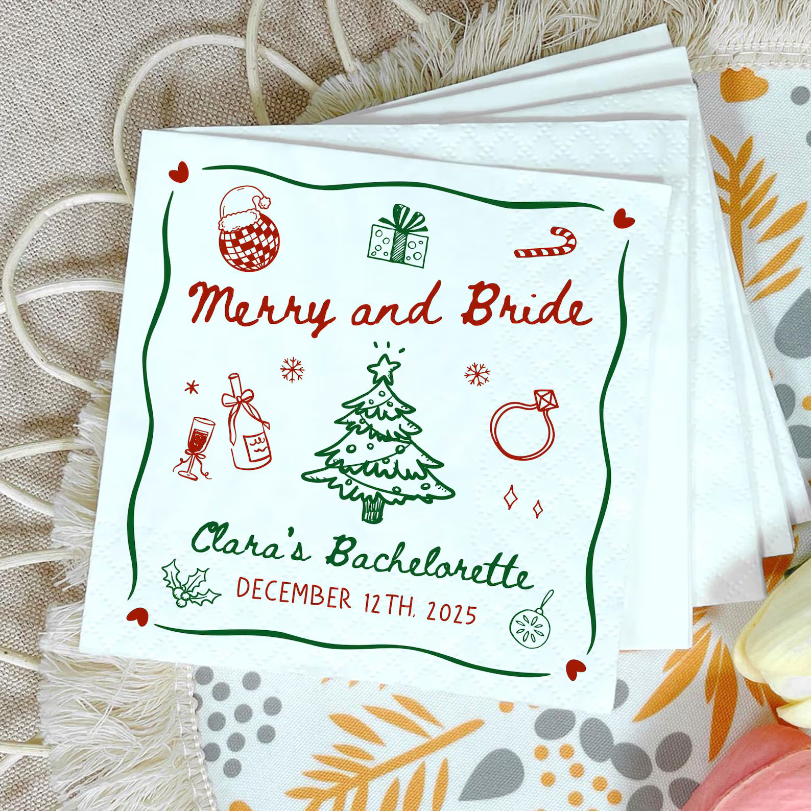 Merry and Bride Cocktail Napkin, Personalized Christmas Bachelorette Napkins, Holiday Party Decor... | Etsy (US)