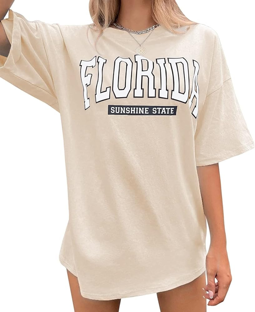 Women Miami Florida Letter Graphic Print Tee Shirt Oversized Short Sleeve Crew Neck Drop Shoulder... | Amazon (US)
