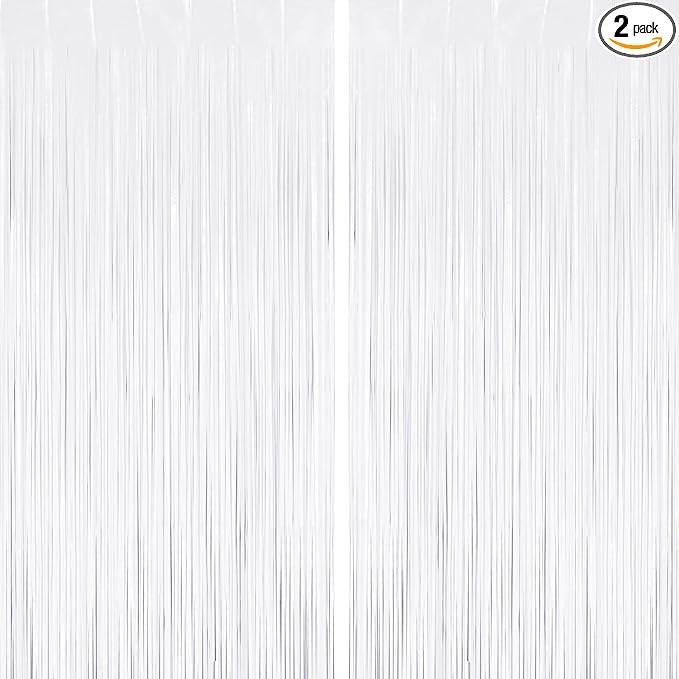 White Foil Fringe Curtains Backdrops 2 Pack, Xtra Large 8x3.3 Feet Fringe Curtains Door Streamers... | Amazon (US)