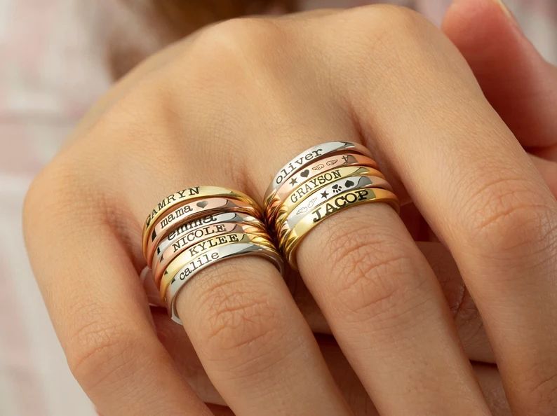 14k GOLD Custom Stacking Rings, Stackable Name Ring, Dainty Name Ring, Skinny Custom Ring, Mother... | Etsy (US)