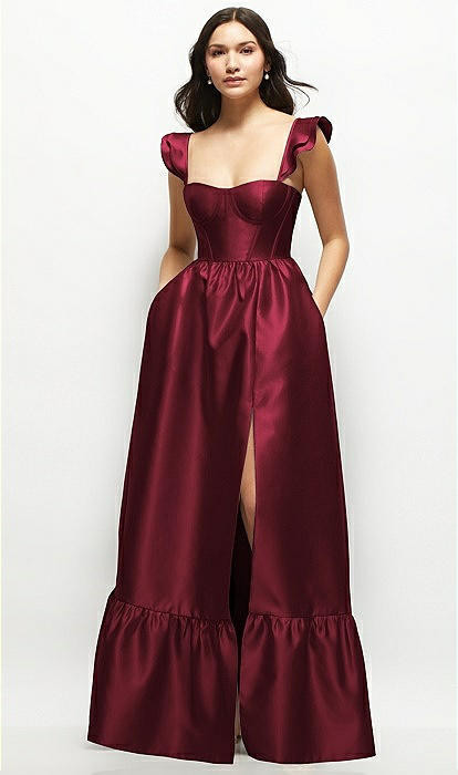 Satin Corset Maxi Dress with Ruffle Straps & Skirt in Cabernet | Dessy Group