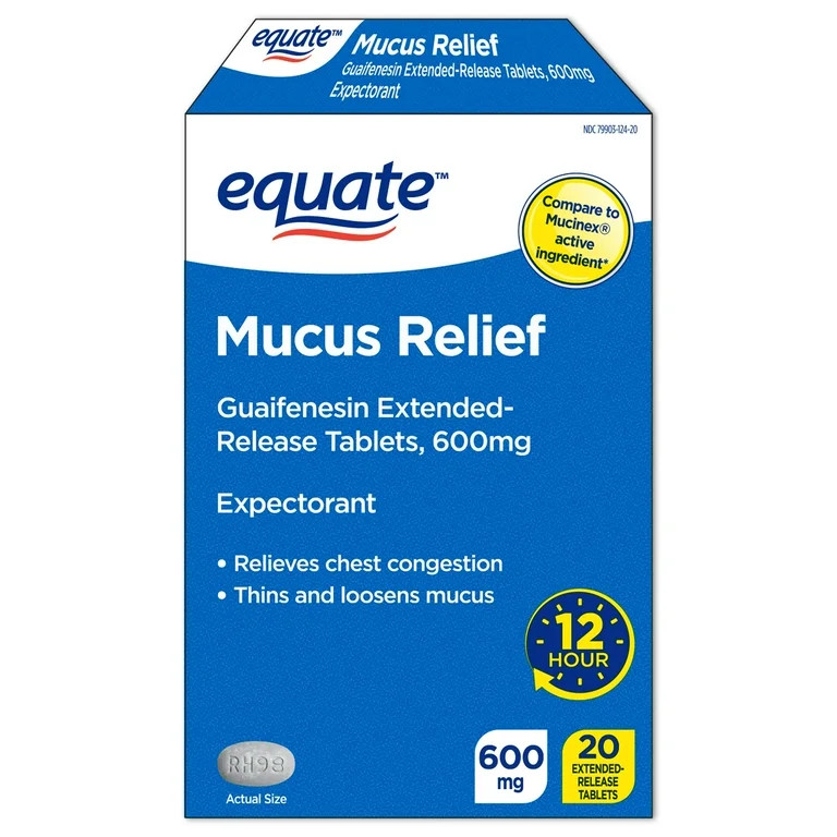 Equate 12 Hour Mucus ER Guaifenesin Extended-Release Tablets, 600 mg, 20 Count, Compare to Mucine... | Walmart (US)