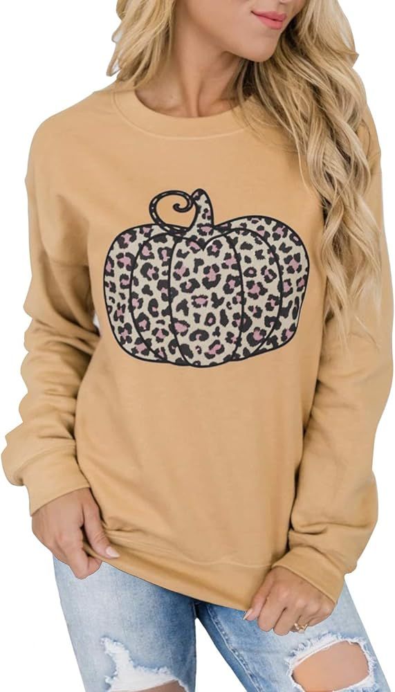 MIHOLL Women's Leopard Print Tops Crewneck Long Sleeve Pumpkin Graphic Sweatshirts Tops | Amazon (US)