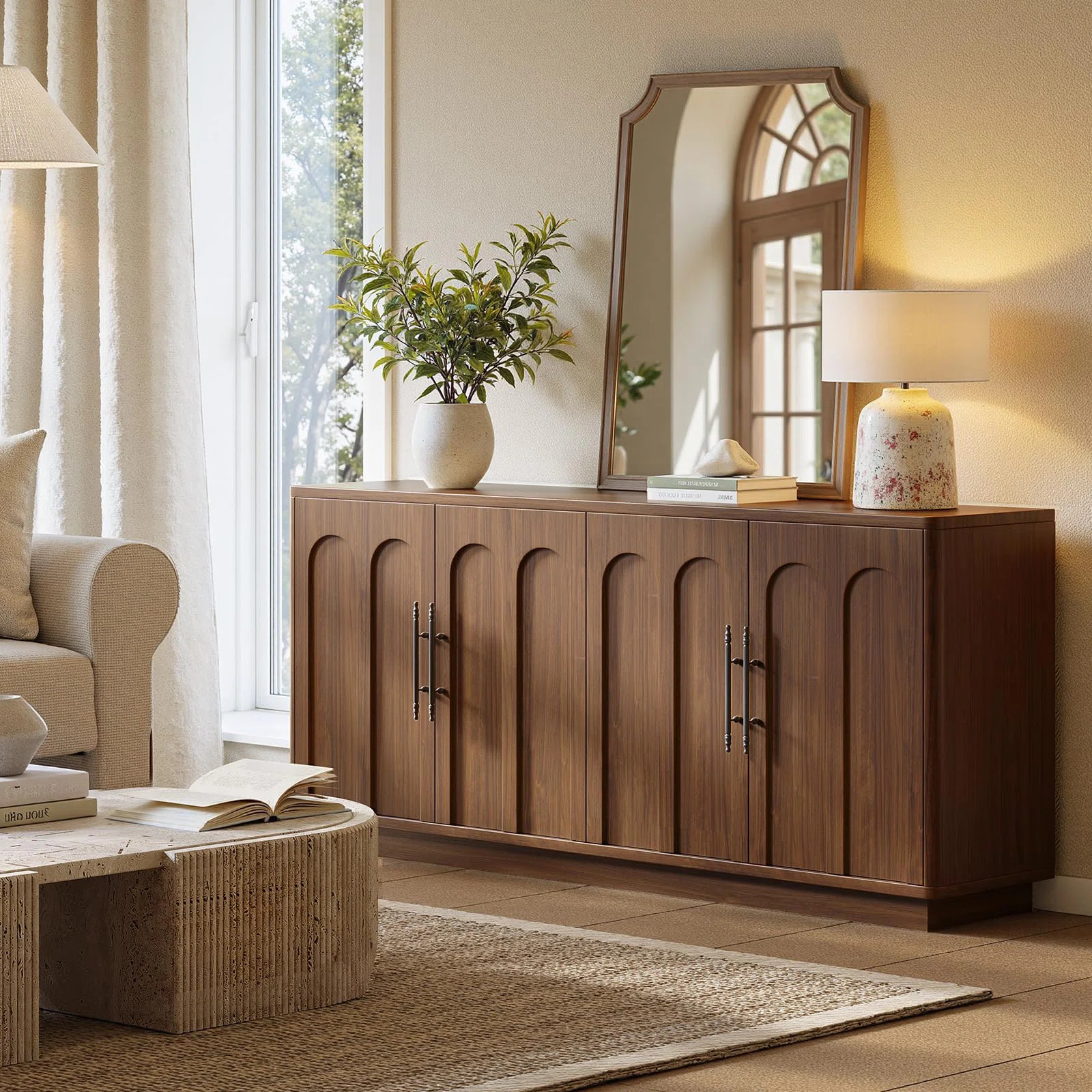 67" Arched Buffet Cabinet With Storage, Large Credenza With 4 Doors, Wood Mid Century Modern Sideboard For Kitchen And Living Room | Wayfair North America