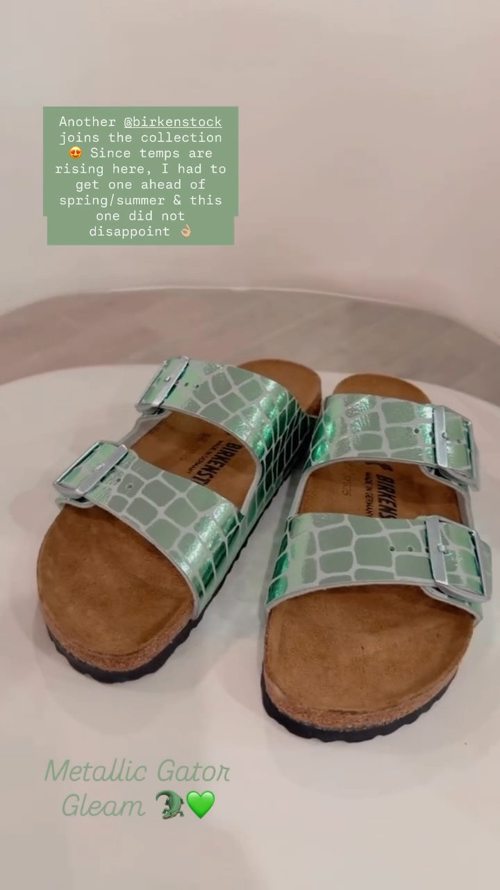 These metallic gator Birkenstocks just joined my collection. 💚😍  The perfect Spring/summer shoe find 🐊

#LTKgrwm #LTKootd #LTKdayinmylife