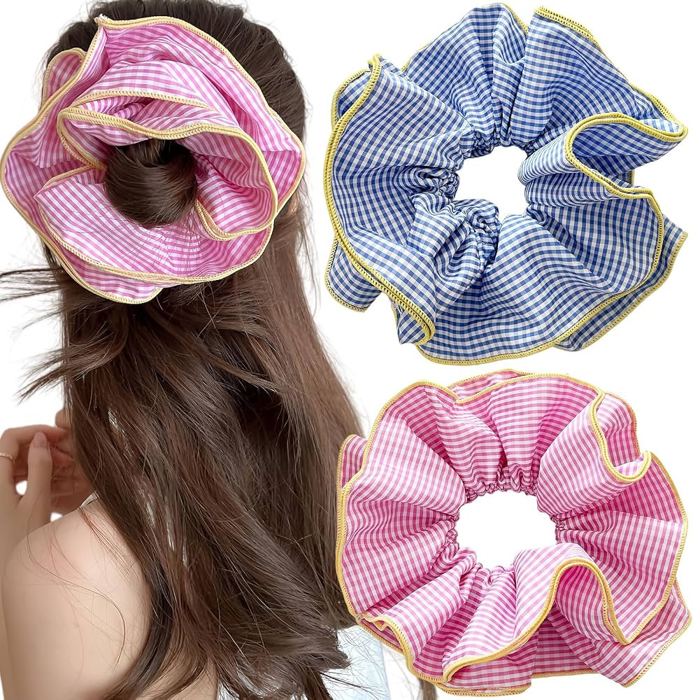 2-Pack Gingham Large Scrunchies Ruffle Hair Ties | Amazon (US)
