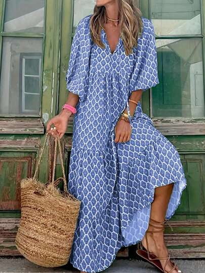 SHEIN VCAY Women's Summer Vacation Allover Print Tank Dress With Bow-Tie Strap And Ruffled Hem | SHEIN