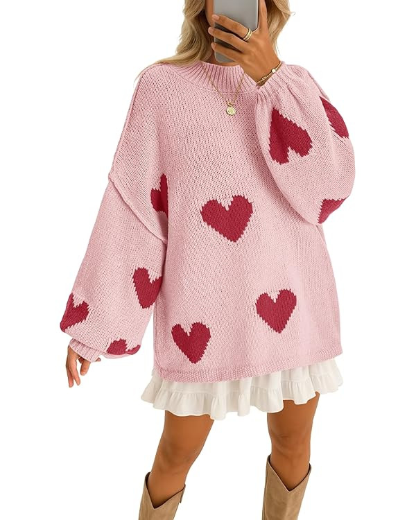 Saodimallsu Womens Oversized Heart Sweater Valentines Cute Mock Neck Chunky Knit Long Sleeve Tuni... | Amazon (US)