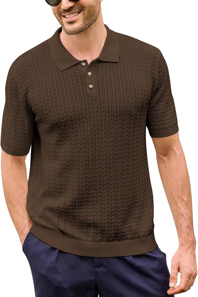 Kallspin Mens Polo Shirts Short Sleeve Button Down Textured Knit Cotton Openwork Collared Shirt C... | Amazon (US)