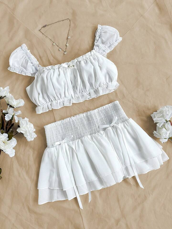 SHEIN WYWH Women's Frill Trim Cropped Top And Skirt Solid Color Two Piece Set | SHEIN