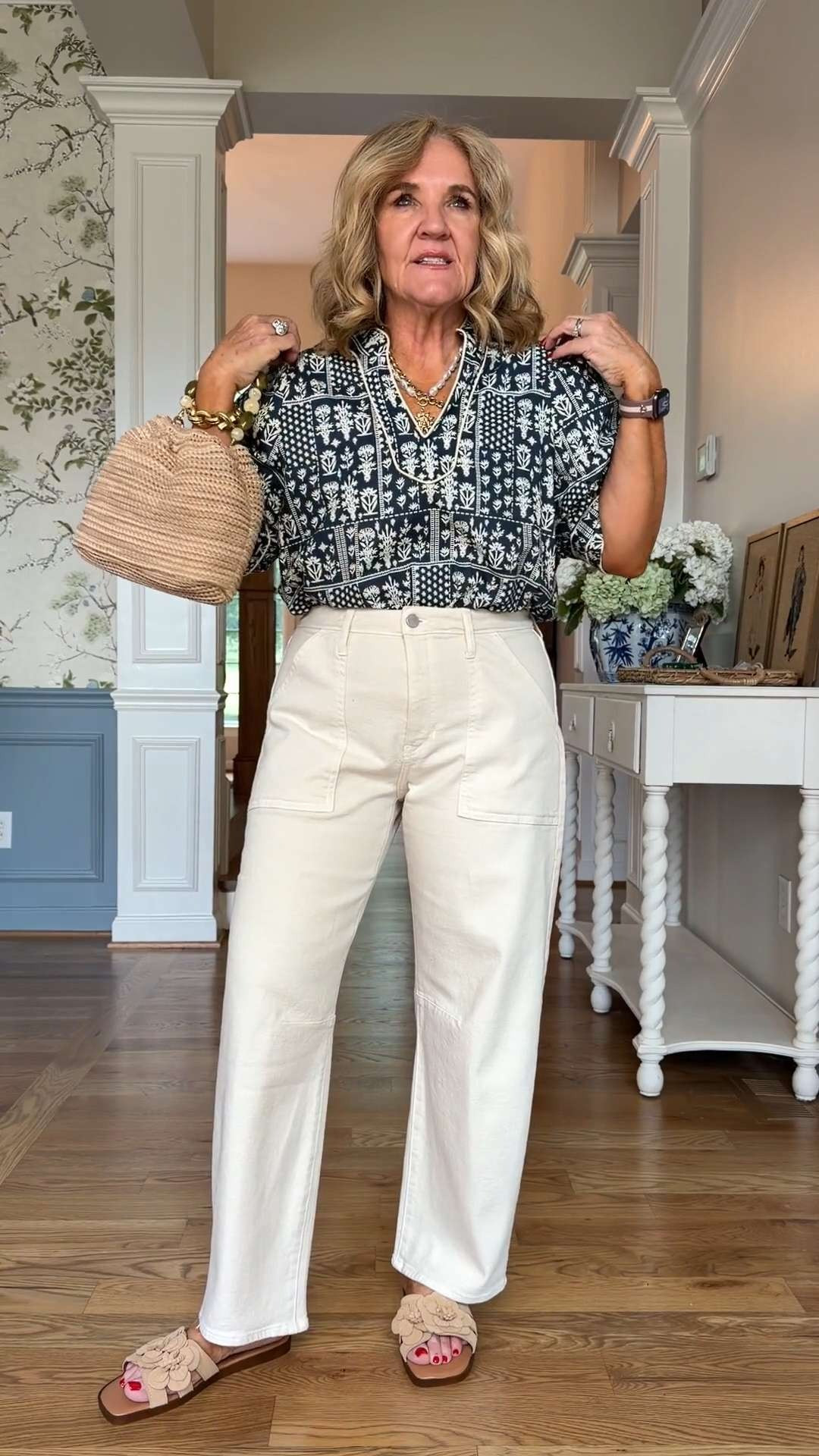 A great printed top, comfortable pants, and a few textured accessories can completely pull a look together. I especially love how the neutral pants let the pattern shine without overwhelming the outfit.🫶🏻 

 #LTKootd #LTKSeasonal #LTKOver40