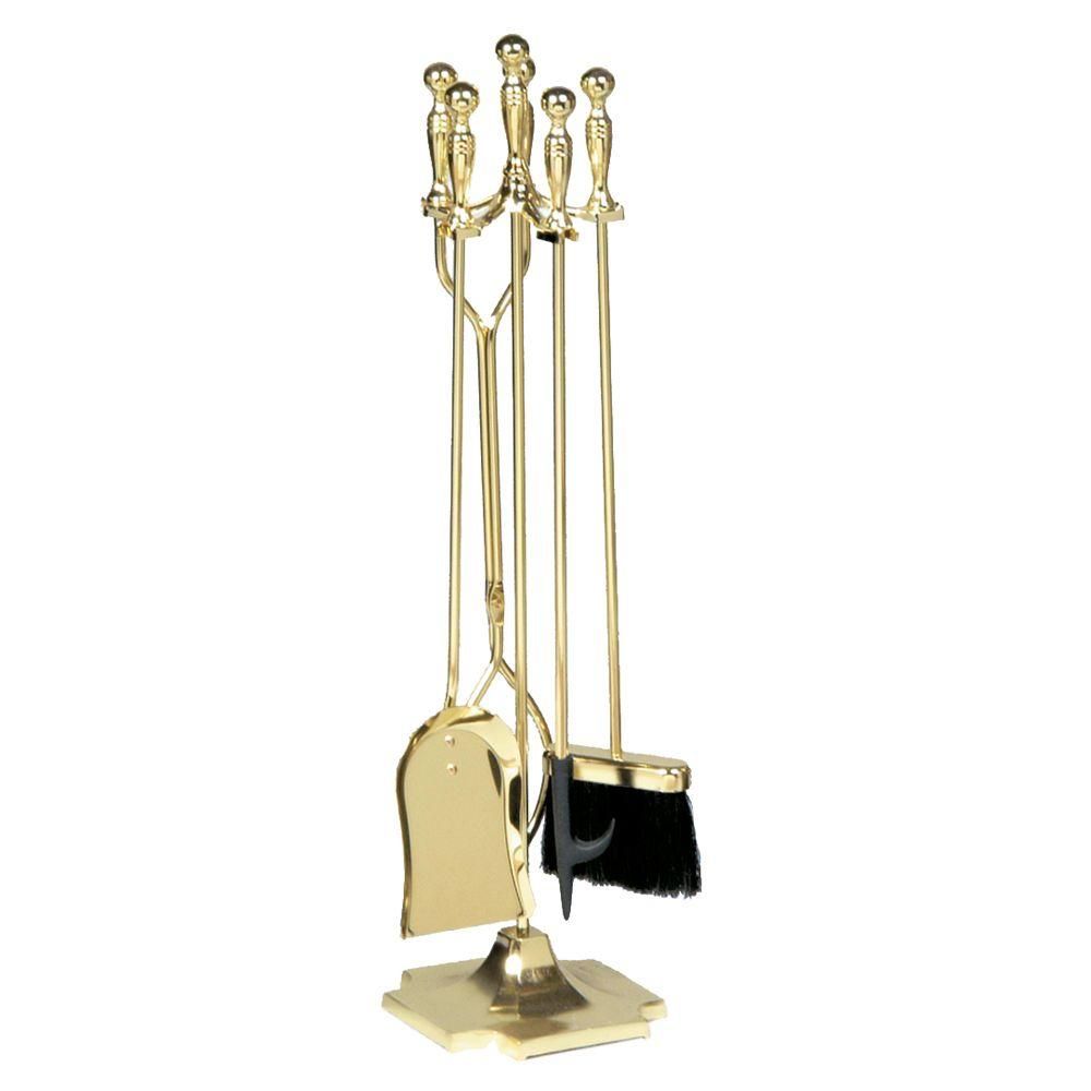Polished Brass Finish 5-Piece Fireplace Tool Set with Heavy Weight Steel Construction | The Home Depot