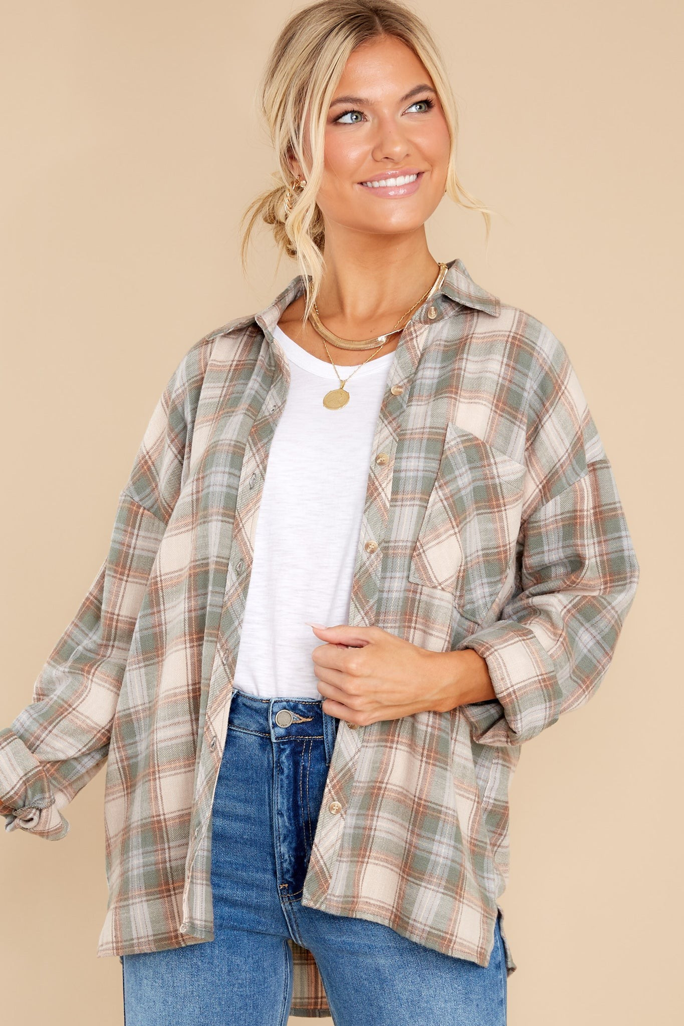 Take The Trails Sage Grey Multi Plaid Top | Red Dress 