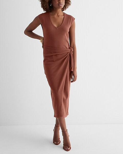 V-neck Cap Sleeve Tie Waist Midi Sweater Dress | Express