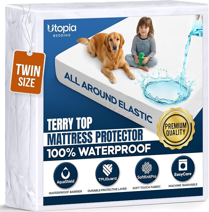 Waterproof Twin Size Mattress Protector fits Upto 15" Deep Pocket     Utopia Bedding 200 GSM Soft... | Amazon (US)
