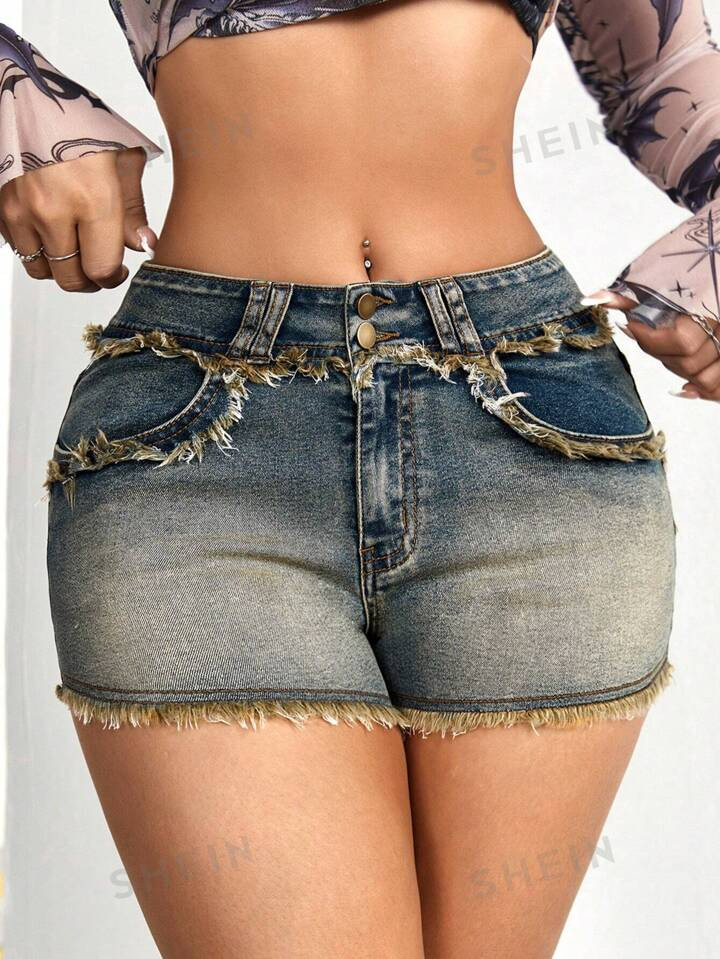 SHEIN ICON Women'S Vintage Frayed Hem Denim Mini Shorts | SHEIN
