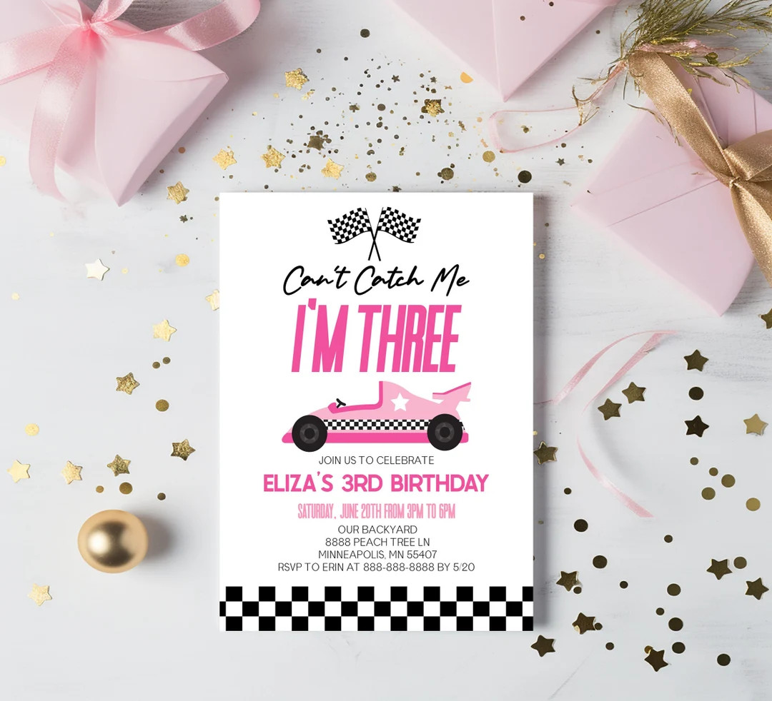 Can't Catch Me I'm Three Race Car 3rd Birthday Party Invitation | Pink Third Birthday Party Invit... | Etsy (US)