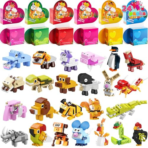 JOYIN 24 Packs Valentines Animal Building Blocks with Hearts Party Favors for Kids Valentine Classroom Prize, Classroom Gift Exchange School Rewards | Amazon (US)