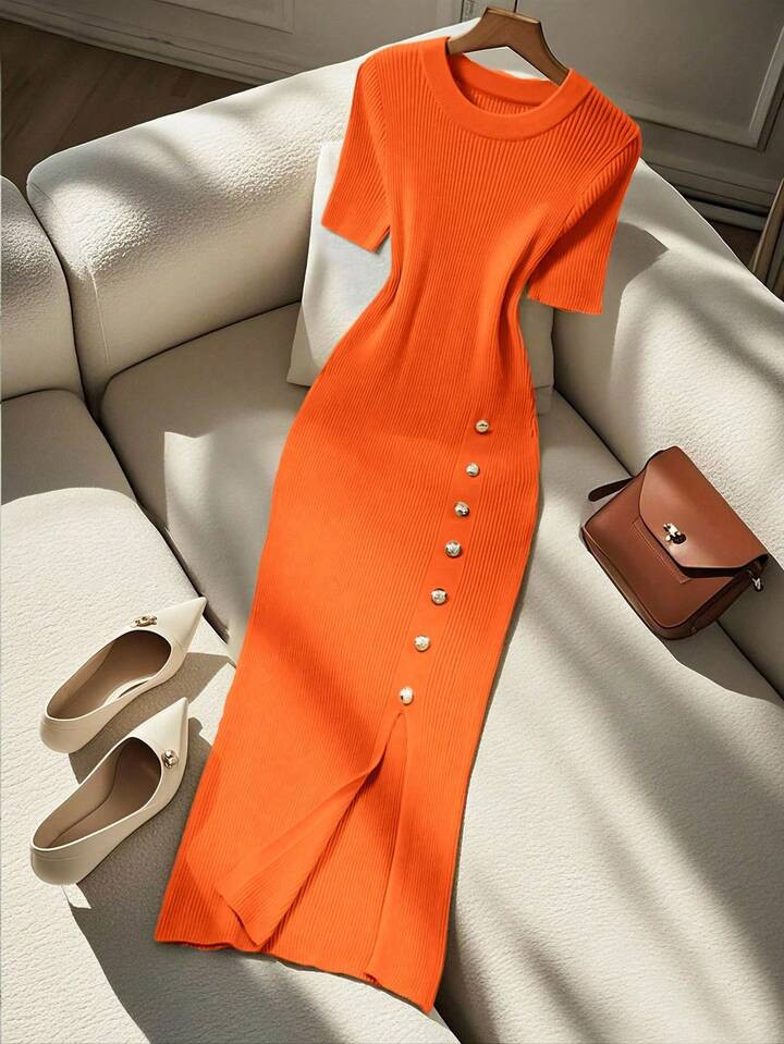 Franclia Women's Elegant Fitted Round Neck Short Sleeve Slit Decorative Button Knit Dress, Summer Knitted Sweater Clothes For University | SHEIN