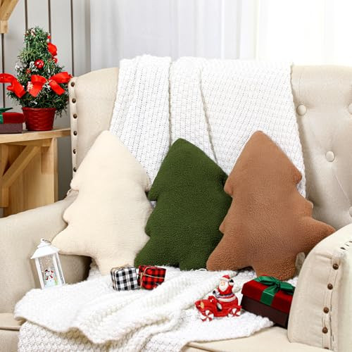 Anglechic 3 Pcs Christmas Pillows Neutral Christmas Tree Decorative Throw Pillows Merry Christmas Tree Stuffed Wool Pillows Soft Xmas Plush Cushion for Sofa Couch Bedroom Livingroom | Amazon (US)